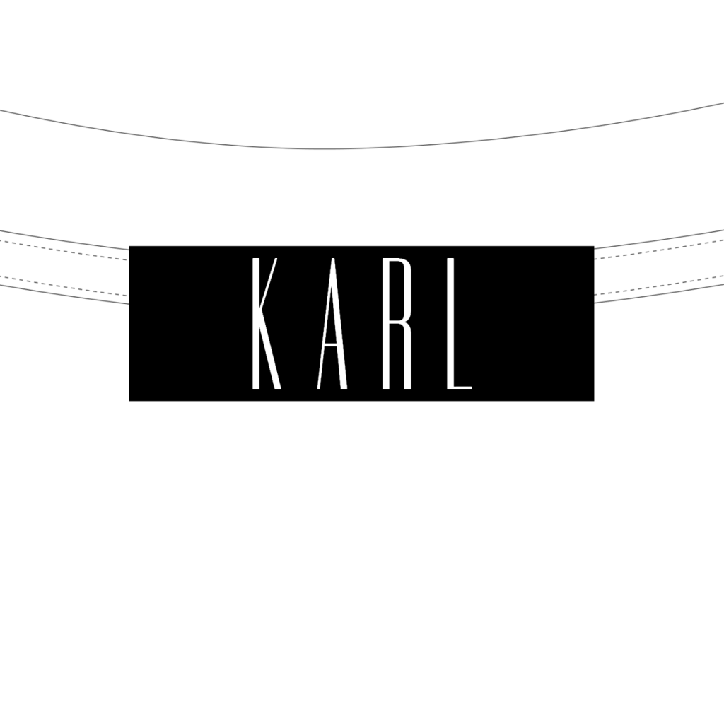 黒地に白い細字のKARL。製造用の内側タグデザイン
