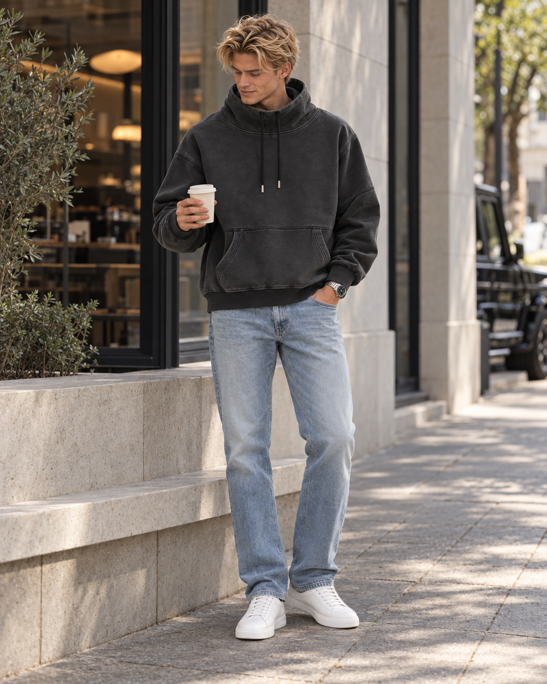 カフェでコーヒーを片手にくつろぐモデルのEssential Boxy Hoodie着用イメージ