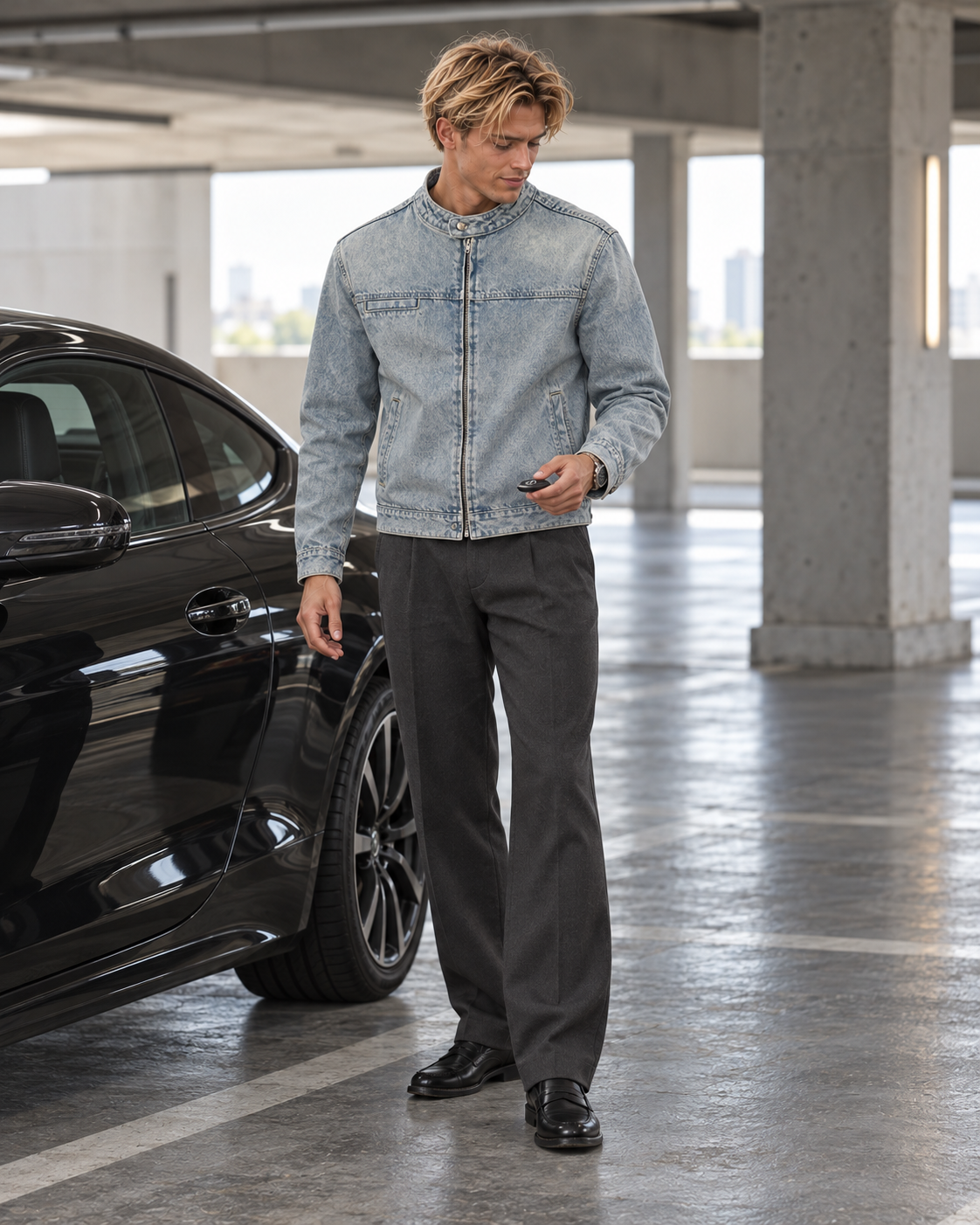 駐車場で車を降りて鍵を確認するモデルのVintage Zip Denim着用イメージ